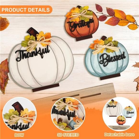 3 Pcs Fall Pumpkin Decor Wooden Table Sign Thankful Blessed Grateful Tabletop - Picture 7 of 8